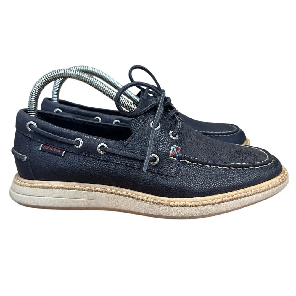 Sebago Smyth Two Eye Navy Leather Boat Shoes Mens 7.5M Pebbled Loafer Nautical